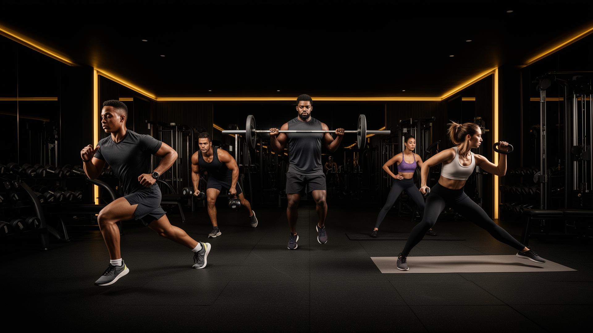 Diverse athletes training in a premium gym